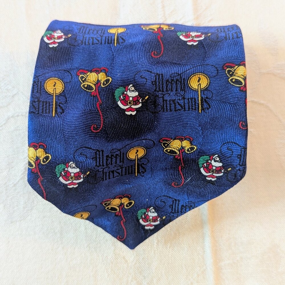 VTG Cape Cod Neckwear Christmas Tie 100% Silk USA Blue Santa Bell Holiday Office